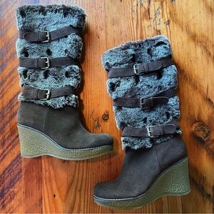 MIA Denver faux fur & leather buckle platform wedge brown boots size 7 y2k rare